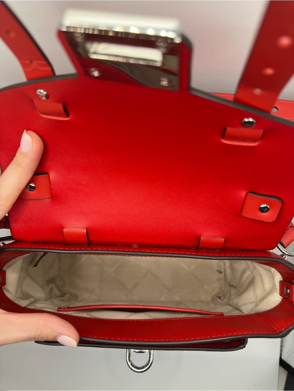 Michael Kors Red Leather Structured Satchel with Silver Hardware - Picture 9 of 11